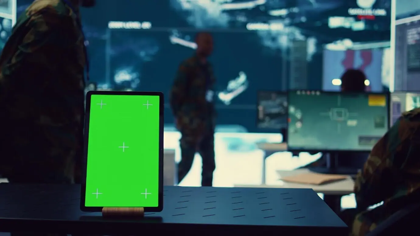 Комната мониторинга главной штаб-квартиры с макетом экрана на планшете.