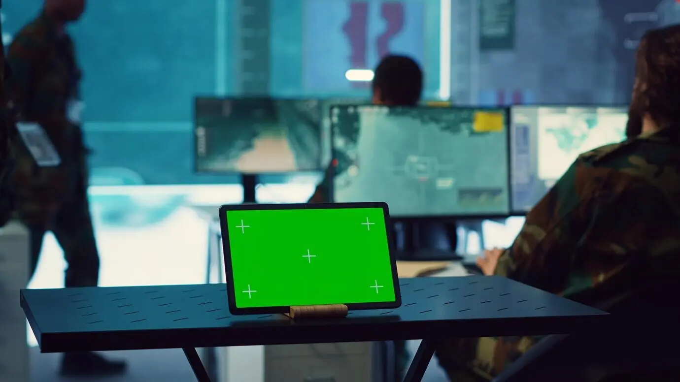 Планшет с зелёным экраном, работающий в командном пункте — базе операций.